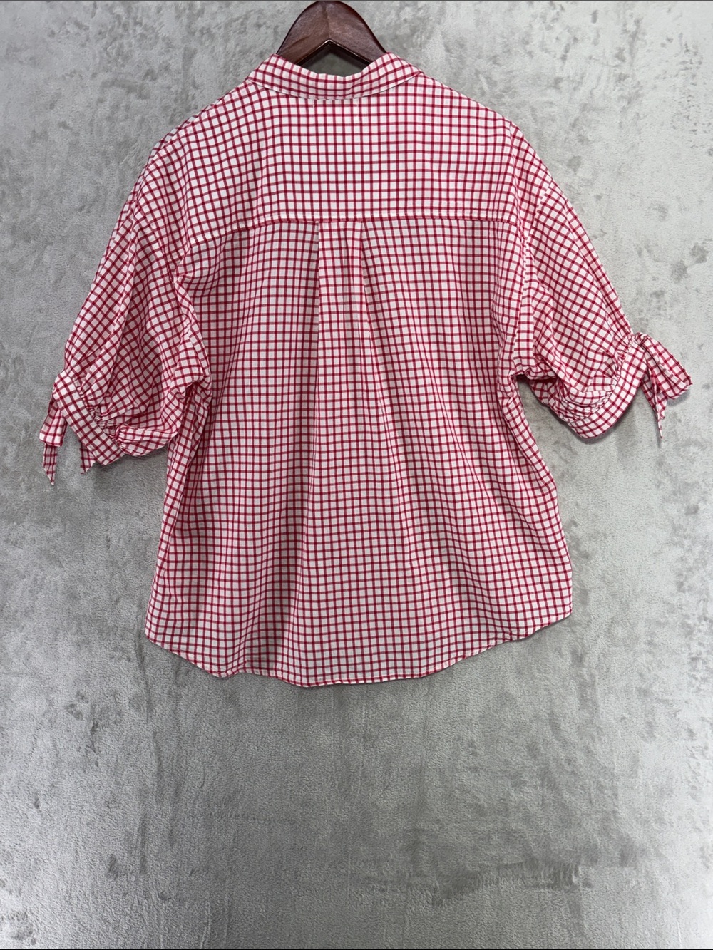 Velvet Red and White Cotton Gingham Button-Down Shirt with Tie Sleeves Size M - Picture 6 of 7